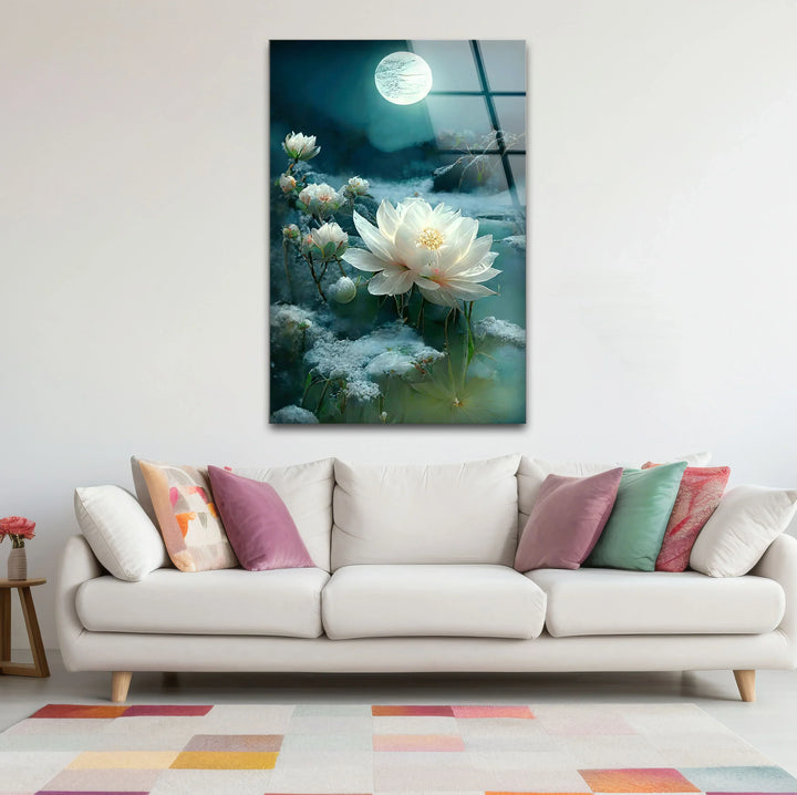 Moonlit White Lotus Glass Wall Art – Tranquil Floral Design with Ethereal Night Glow - MyPhotoStation