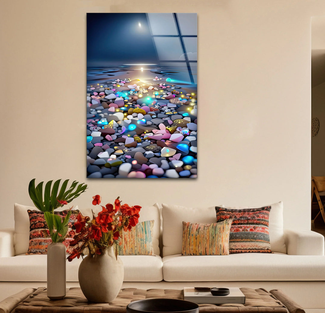 Colorful Pebble Beach at Sunset – Dreamy Ocean Glass Wall Art for Modern Decor - MyPhotoStation