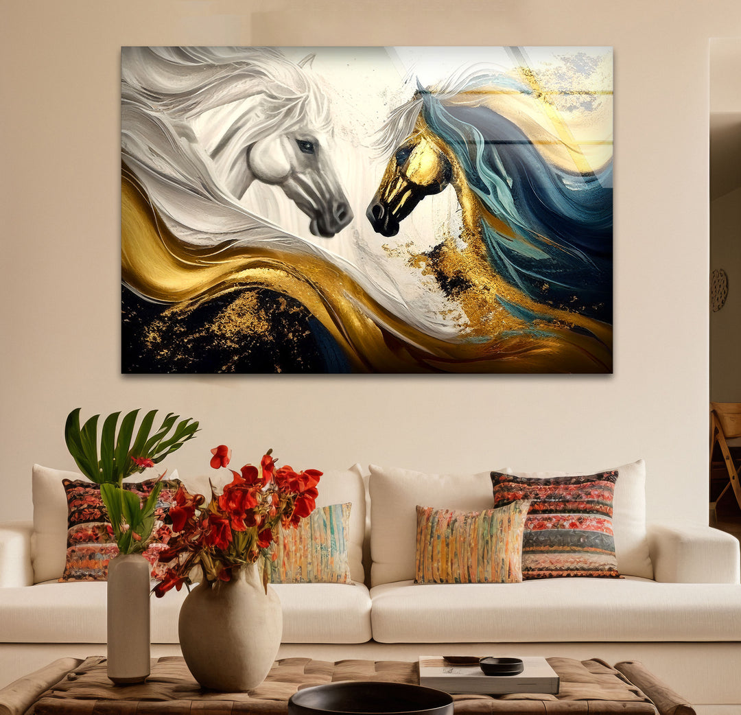 Majestic Gold Horses Wall Art – Luxury Abstract Equine Glass Print