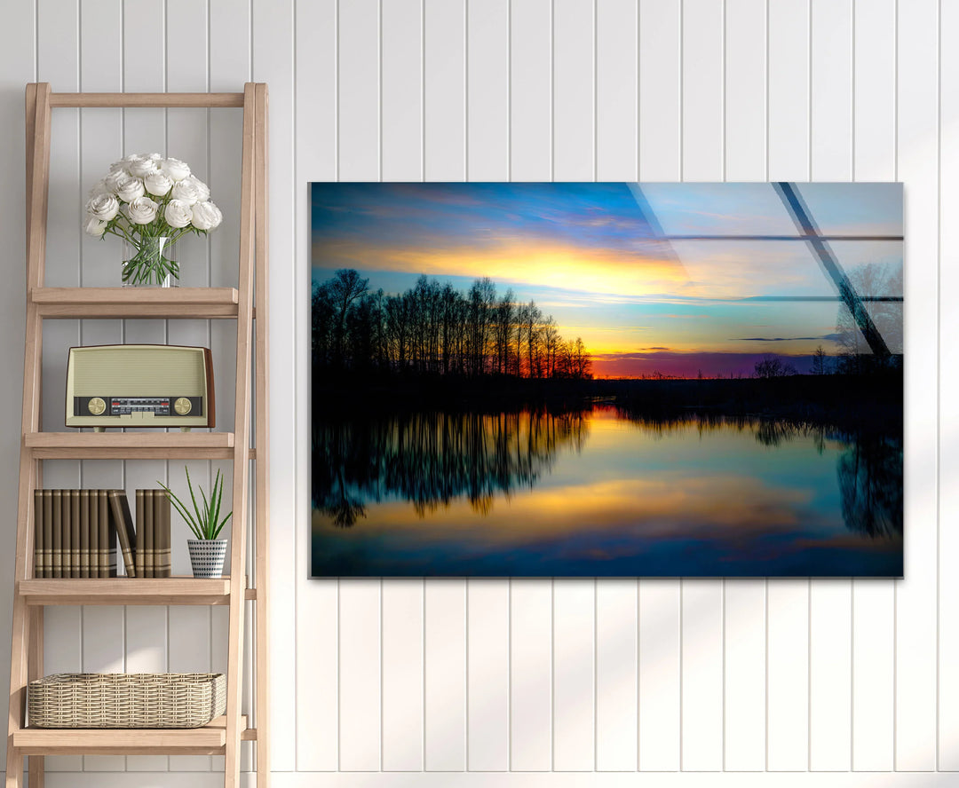Sunset Reflection Wall Art – Tranquil Forest & Lake Glass Print for Serene Decor - MyPhotoStation