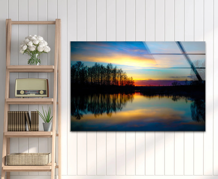 Sunset Reflection Wall Art – Tranquil Forest & Lake Glass Print for Serene Decor - MyPhotoStation