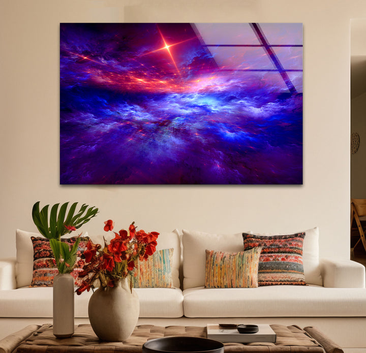 Purple Galaxy Cloud Wall Art – Vibrant Cosmic Sky Glass Print Décor