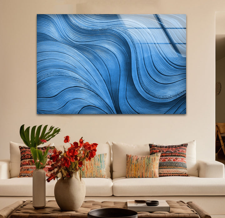 Blue Flow Line Wall Art – Modern Minimalist Wave Glass Print