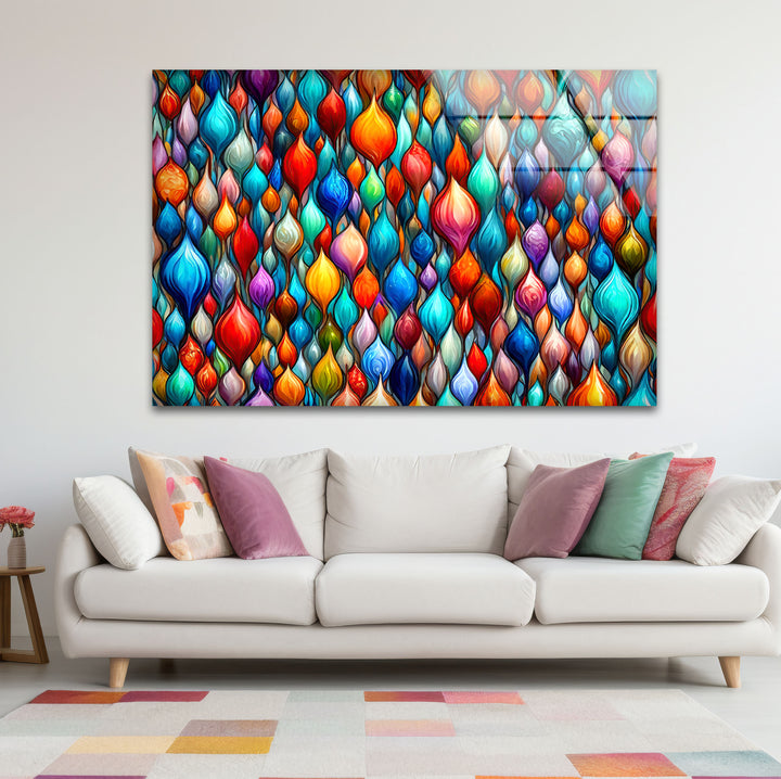 Lebendige abstrakte Glaswandkunst – Buntes Tropfendesign 