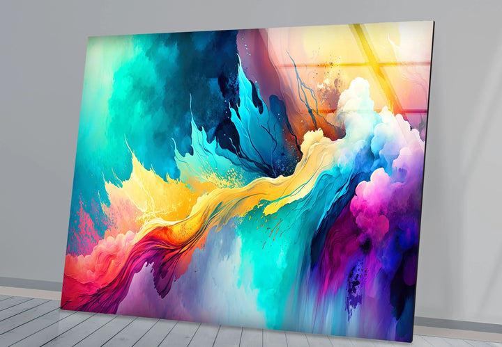 Explosive Color Abstract Glass Wall Art – Vibrant Turquoise & Yellow Energy - MyPhotoStation