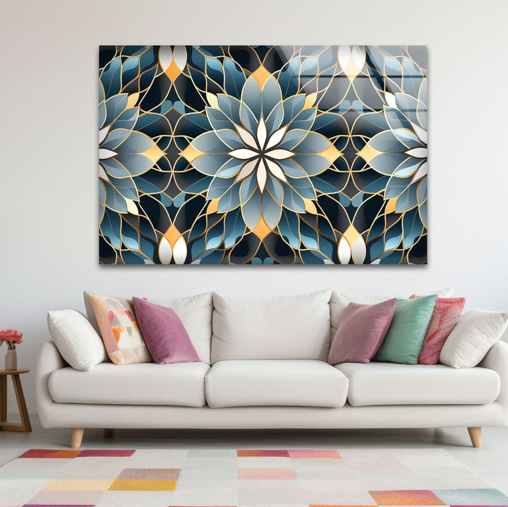 Elegant Lotus Mandala Glass Wall Art – Blue Gold Sacred Geometry Pattern