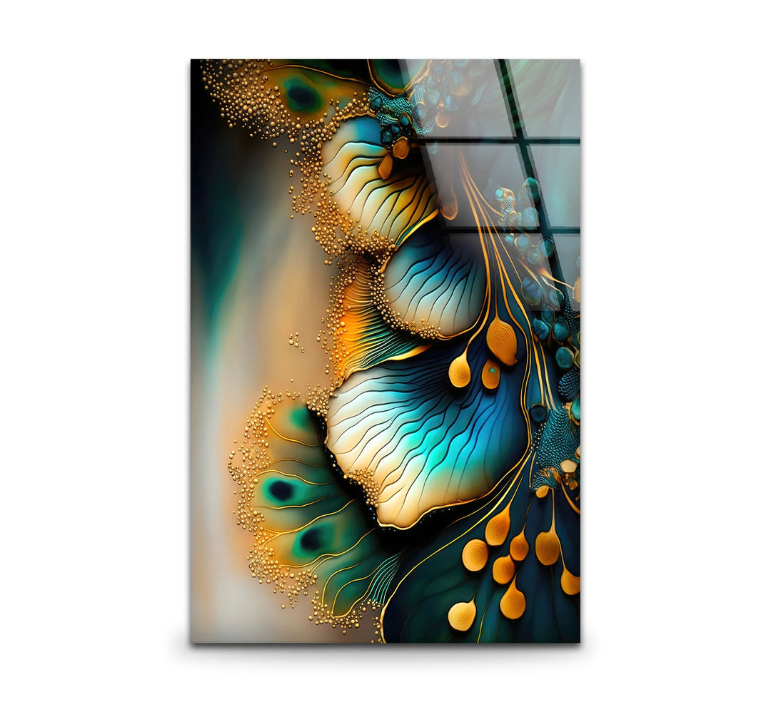 Teal Gold Abstract Floral Glass Wall Art – Elegant Botanical Flow Design - MyPhotoStation