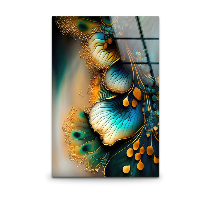 Teal Gold Abstract Floral Glass Wall Art – Elegant Botanical Flow Design - MyPhotoStation