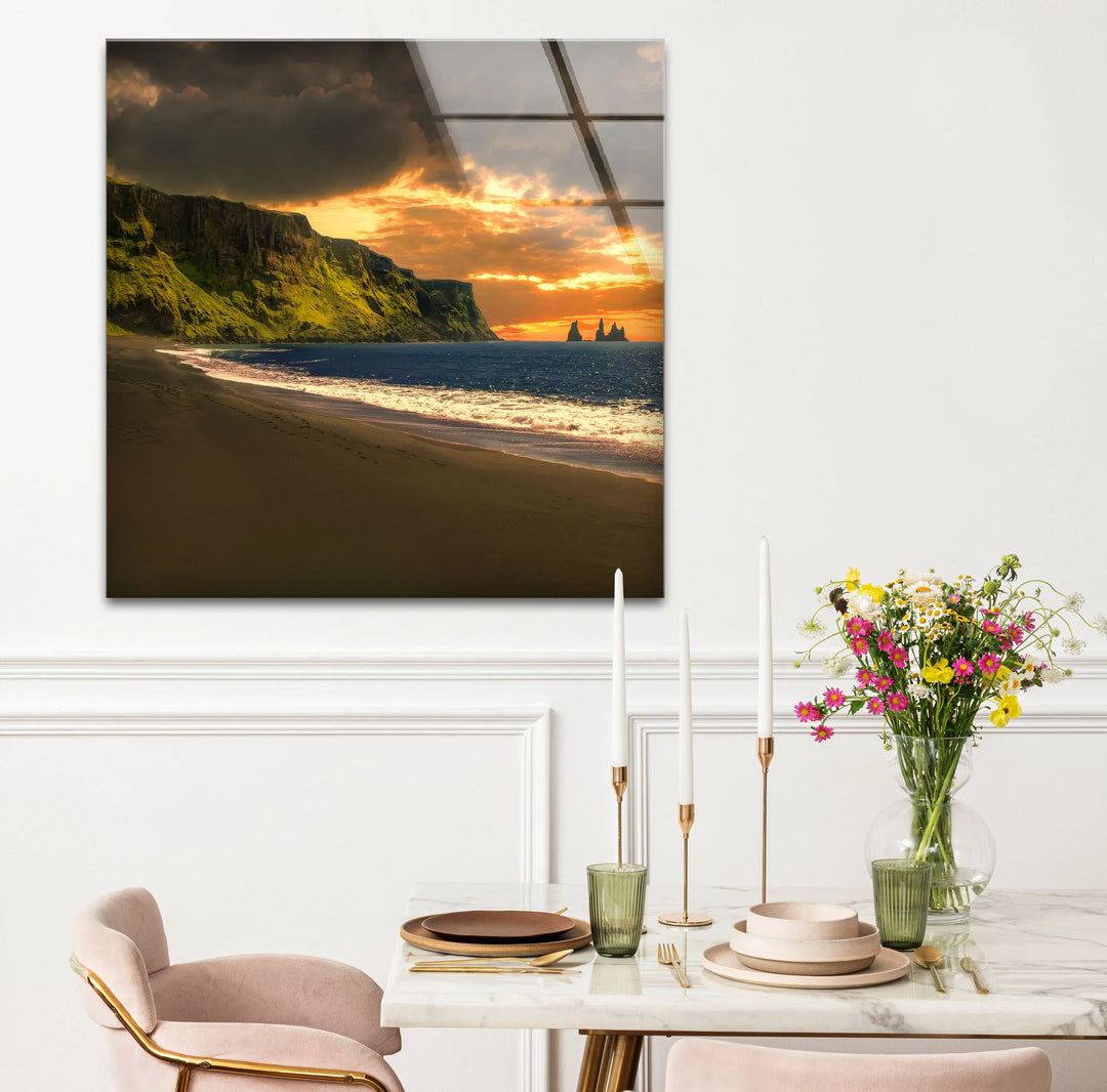 Sunset Cliffs Coastal Wall Art – Iceland Beach Landscape Glass Print - MyPhotoStation