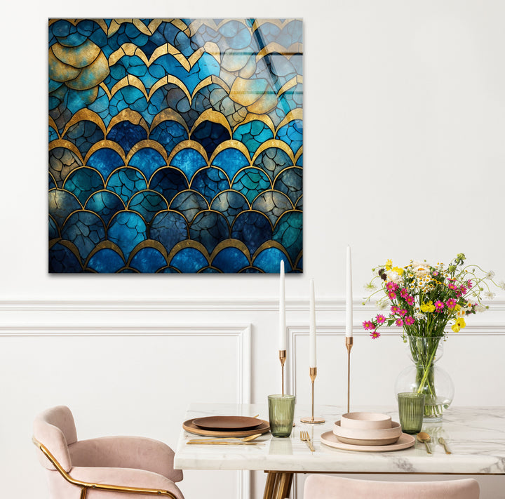 Blau-goldene Wellenmosaik-Glaskunst – Vom Meer inspirierte, rissige Textur 