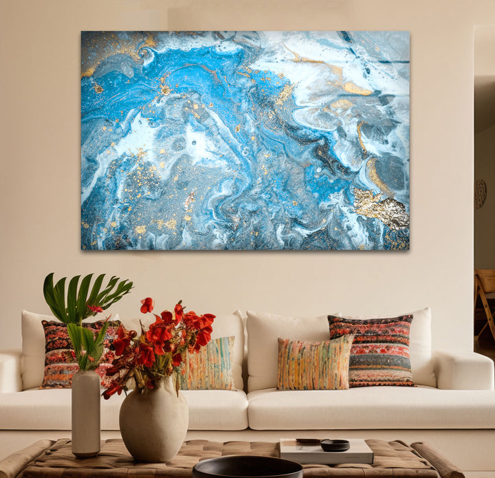 Blue Gold Ocean Marble Wall Art – Elegant Abstract Glass Print Decor