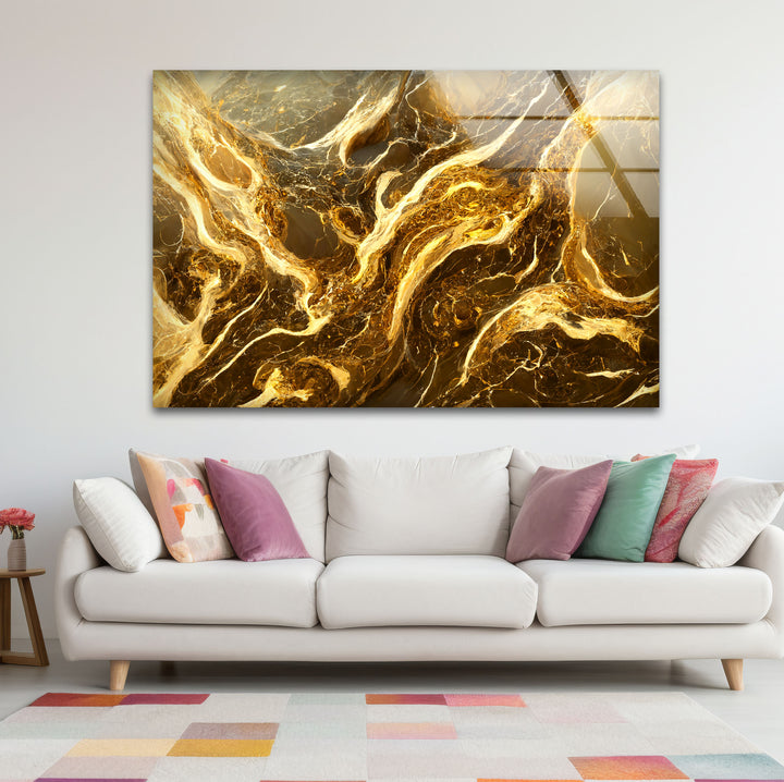 Molten Gold Marble Wall Art – Abstract Luxury Glass Print for Modern Decor