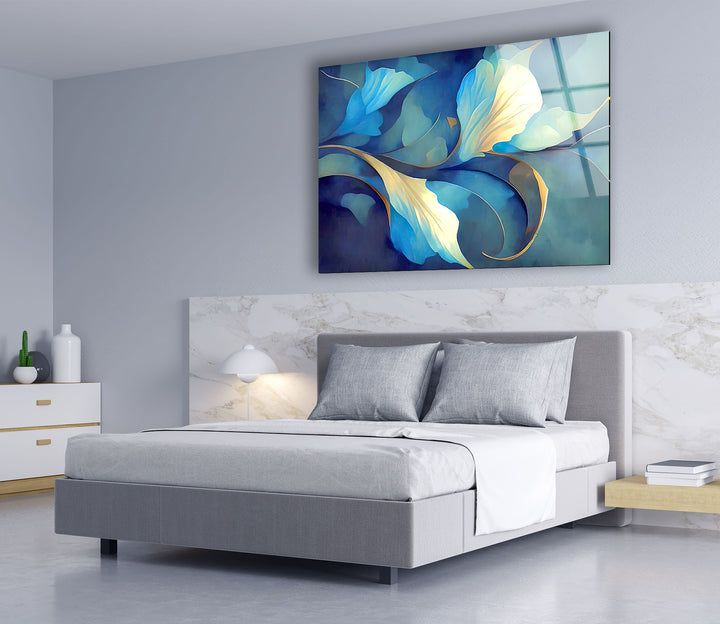 Blue Bloom Wandkunst – Eleganter floraler Glasdruck für Wohnräume 
