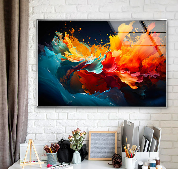 Fiery Abstract Splash Wall Art – Vibrant Glass Print in Red, Orange & Blue - MyPhotoStation