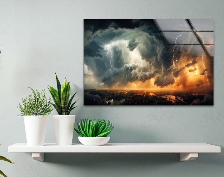Dramatic Thunderstorm Cityscape Wall Art – Lightning Sky Glass Print