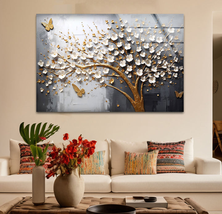 Golden Cherry Blossom Tree Wall Art – 3D Floral Glass Print with Butterflies