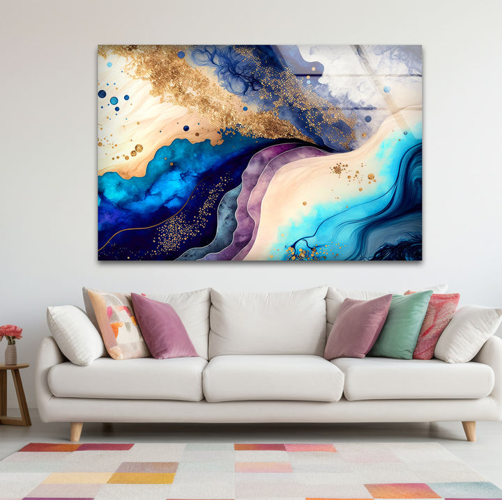 Elegant Blue & Gold Abstract Glass Wall Art – Luxury Modern Decor