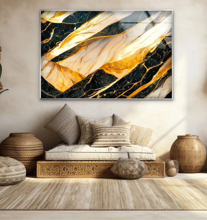 Luxury Black Marble Glass Wall Art with Gold and White Fluid Veins – Modern Abstract Decor - MyPhotoStation