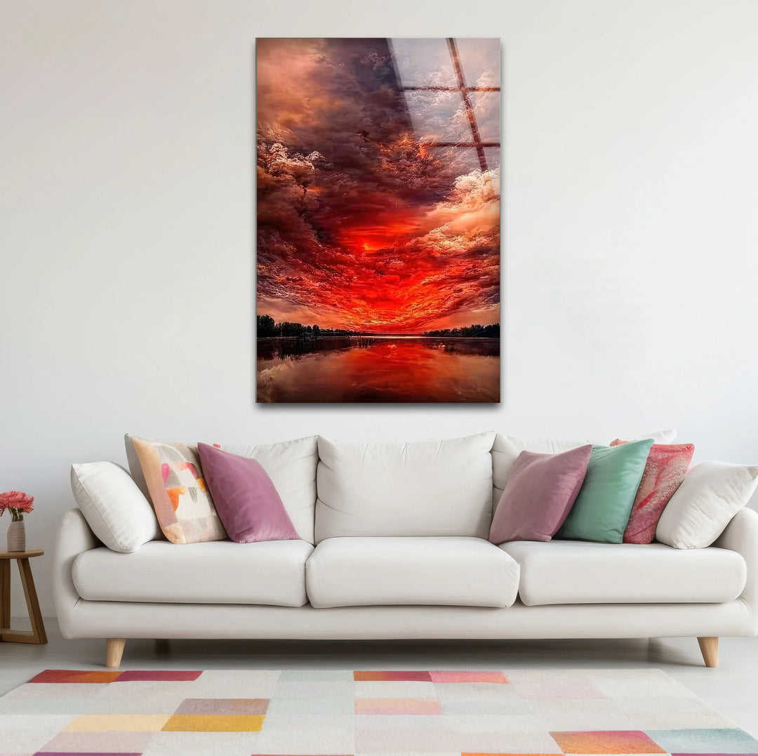 Fiery Sunset Sky Glass Wall Art – Dramatic Red Clouds Over Water Landscape - MyPhotoStation