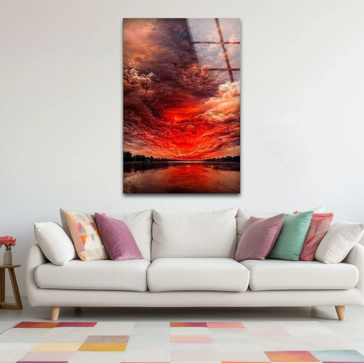 Fiery Sunset Sky Glass Wall Art – Dramatic Red Clouds Over Water Landscape - MyPhotoStation