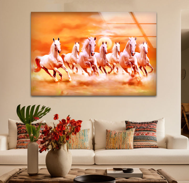 Wandkunst mit sieben laufenden Pferden – Spirituelle Sonnenaufgangsszene, Glasdruck
