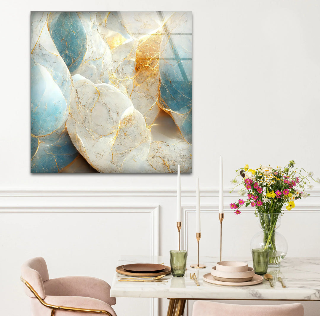 Blue White Marble Wall Art – Elegant Stone Glass Print with Gold Veining for Modern Luxury Interior Decor - MyPhotoStation