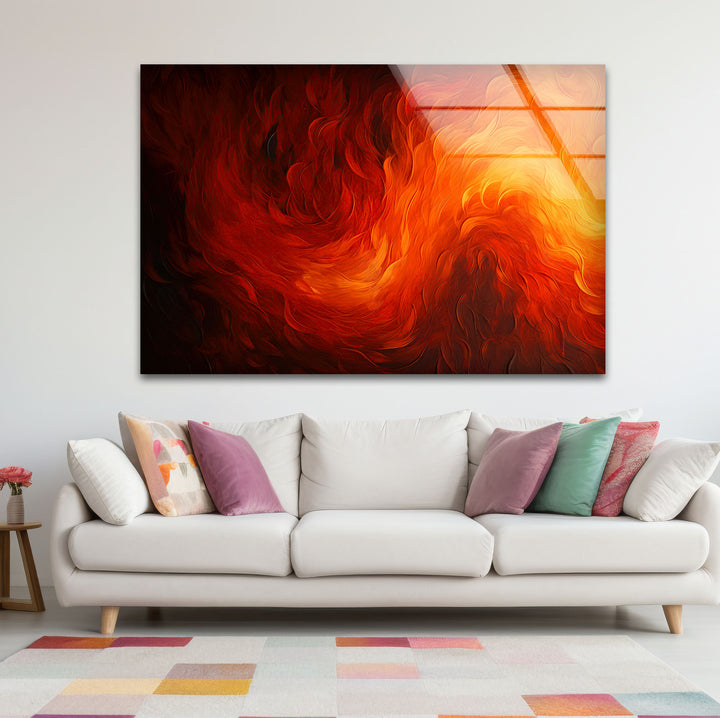 Fiery Abstract Glass Wall Art – Vibrant Red & Orange Flame Energy