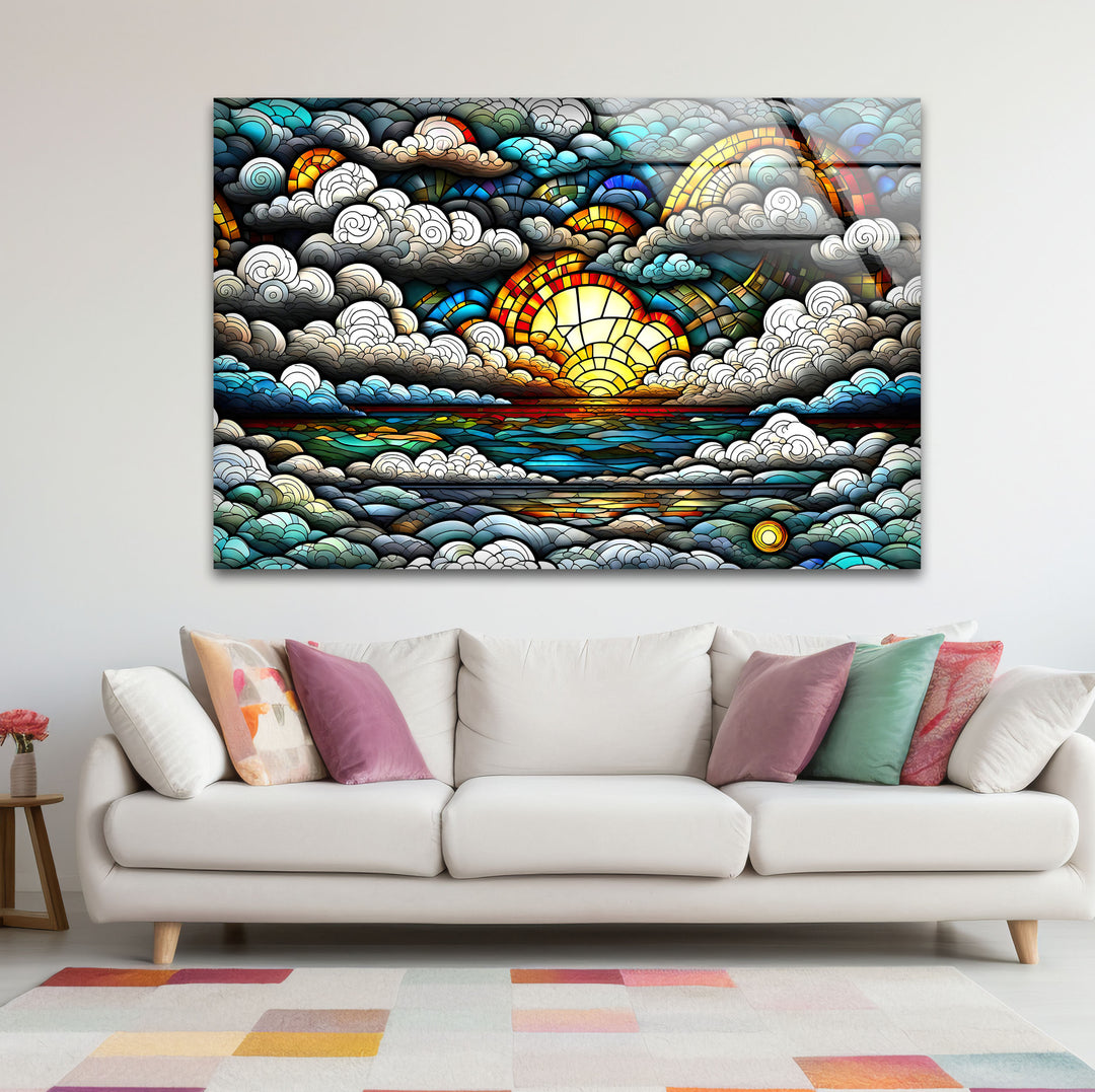 Stained Glass Sunrise Cloudscape Wall Art – Serene Horizon Decor