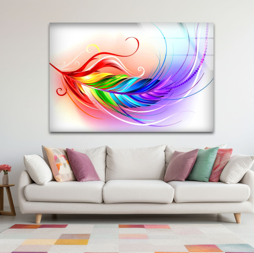 Rainbow Feather Glass Wall Art – Colorful Abstract Design for Modern Interiors