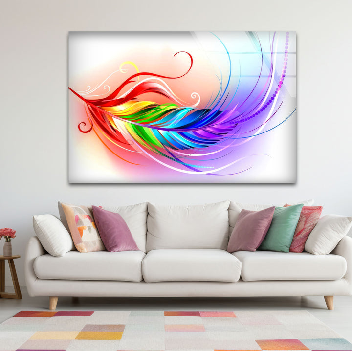 Rainbow Feather Glass Wall Art – Colorful Abstract Design for Modern Interiors