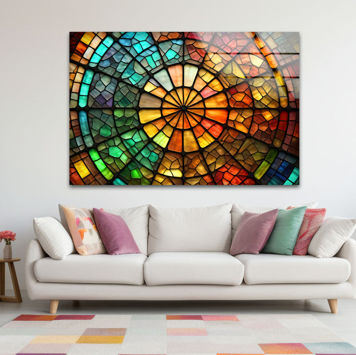 Radiant Wheel Mosaic Stained Glass Wall Art – Colorful Circular Window Decor