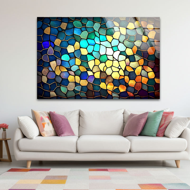 Moderne Wanddekoration aus Buntglas – Abstraktes Mosaikmuster in Blau und Gold