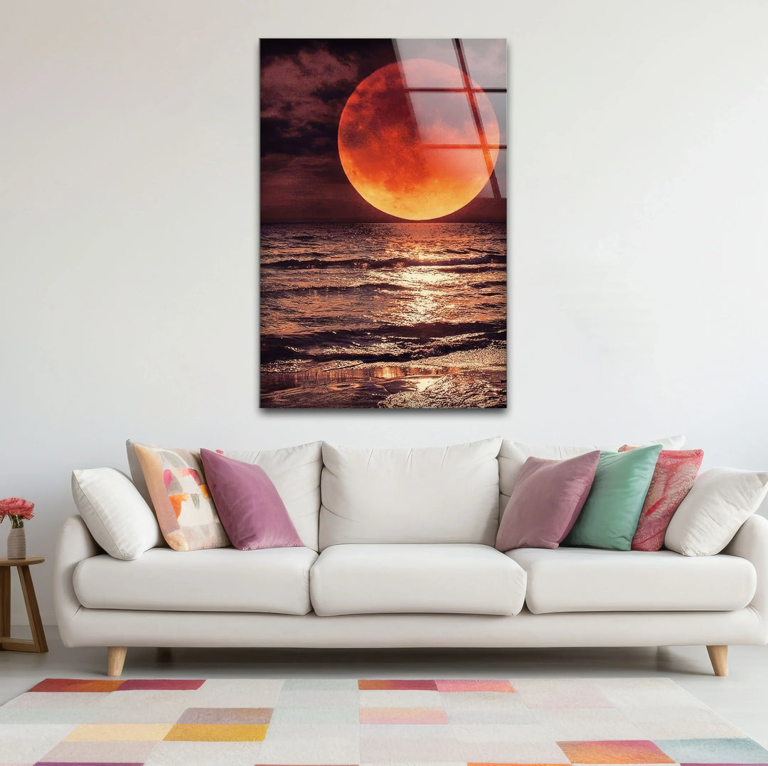 Red Moon Over Ocean Glass Wall Art – Dramatic Lunar Seascape Print for Bold Modern Decor - MyPhotoStation