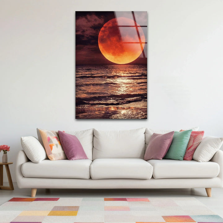 Red Moon Over Ocean Glass Wall Art – Dramatic Lunar Seascape Print for Bold Modern Decor - MyPhotoStation