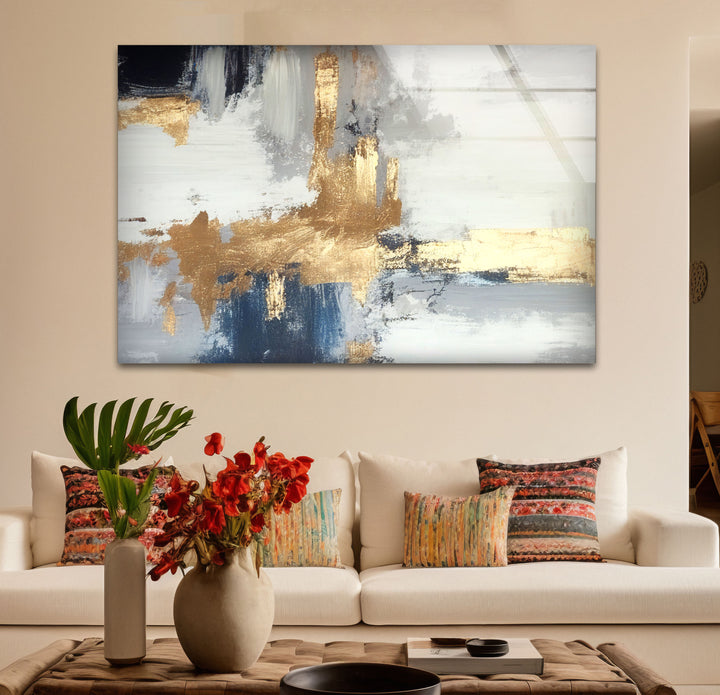 Navy Gold Brushstroke Wall Art – Modern Abstract Glass Print Décor