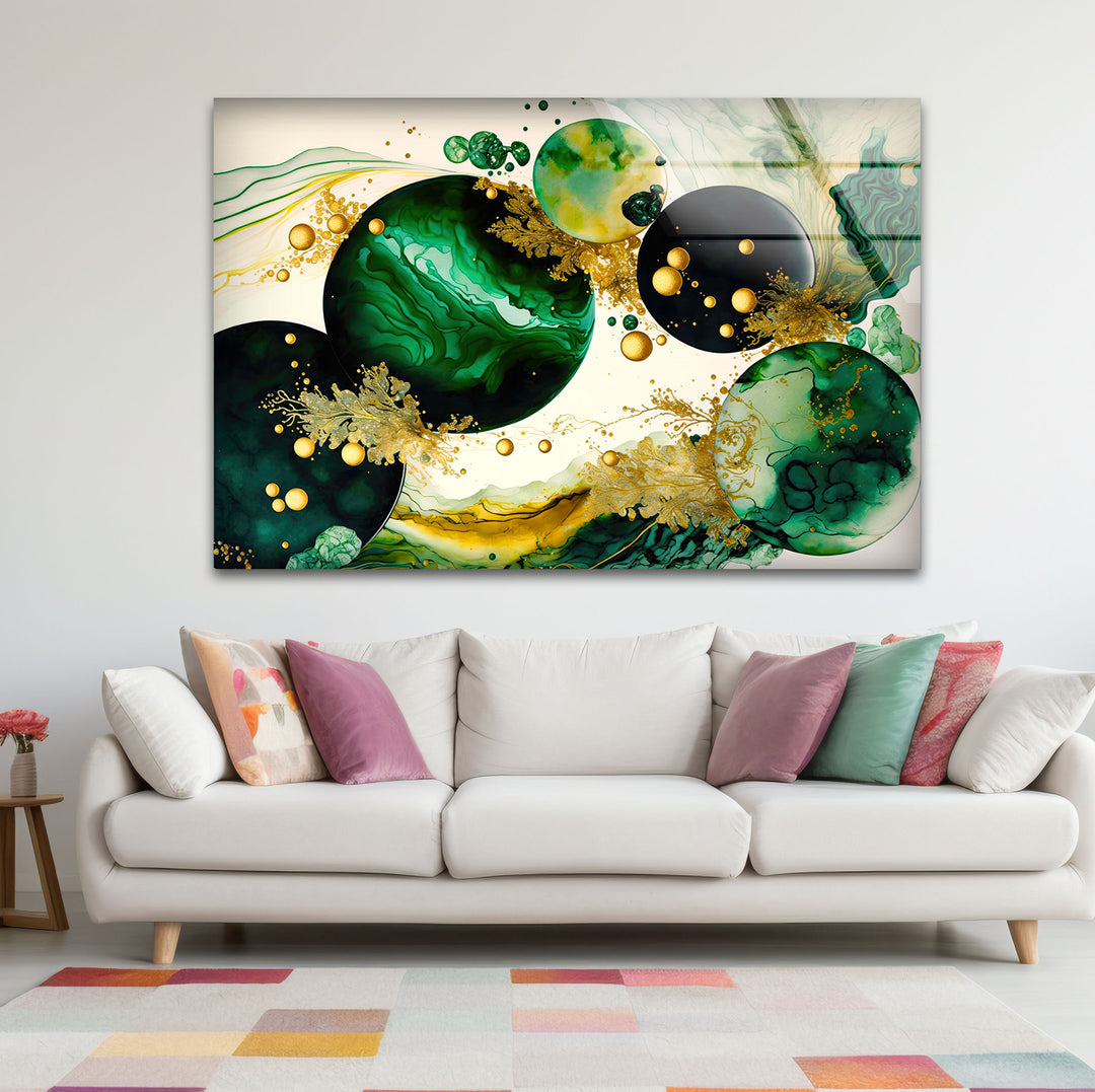 Emerald & Gold Abstract Glass Wall Art – Modern Luxury Home Decor