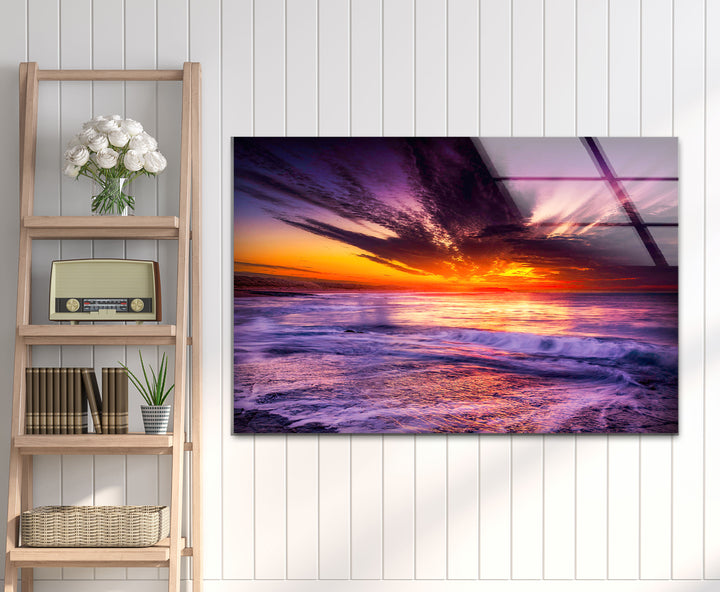 Vibrant Ocean Sunset Wall Art – Purple Sky & Waves Glass Print