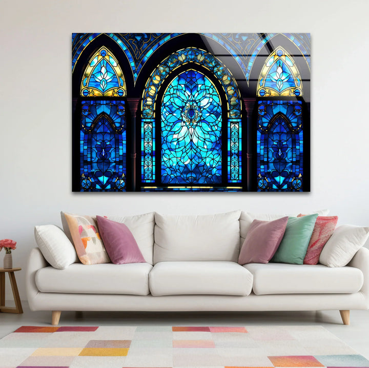 Gothic Blue Stained Glass Wall Art – Elegant Arched Window Design, Vintage Cathedral-Inspired Home Decor - MyPhotoStation