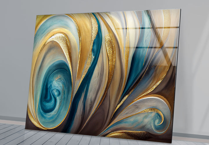 Teal Gold Swirl Wall Art – Elegant Abstract Glass Print for Modern Interiors