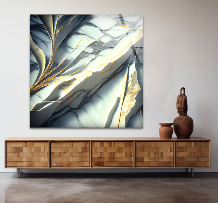 Marble Botanical Wall Art – Luxury Gold Leaf & Blue Vein Abstract Glass Print for Modern Decor