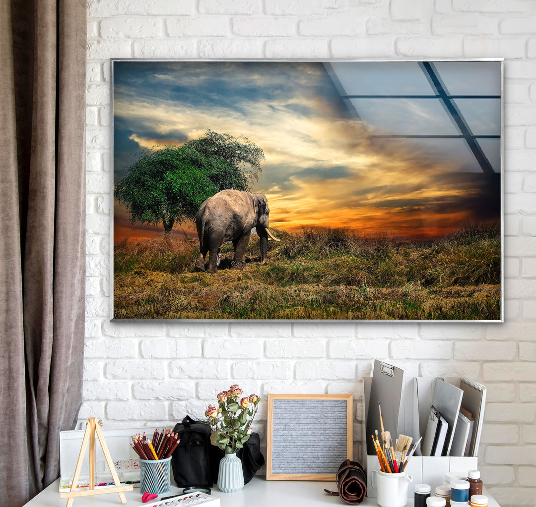 Elephant at Sunset Safari Wall Art – African Landscape Glass Print