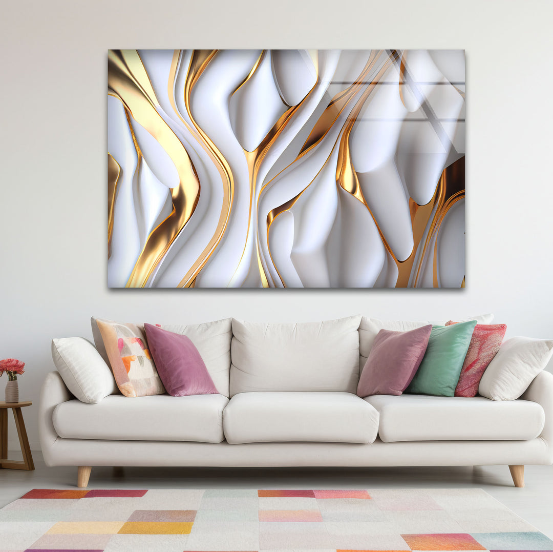 Gold White Abstract Wall Art – Luxury Fluid Texture Glass Print for Modern Interiors