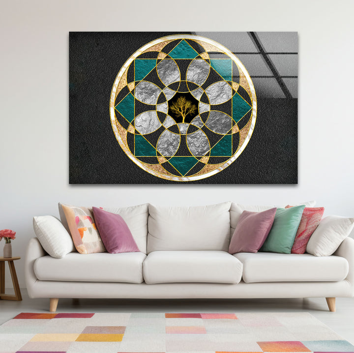 Wandkunst mit heiliger Geometrie, Baum des Lebens – Moderne Glasplatte mit goldenem Mandala-Design