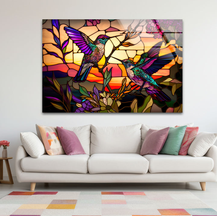Hummingbird Stained Glass Wall Art – Sunset Floral Window Panel