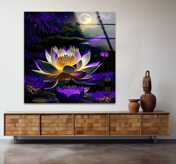Moonlit Purple Lotus Glass Wall Art – Mystical Night Bloom Floral Print - MyPhotoStation