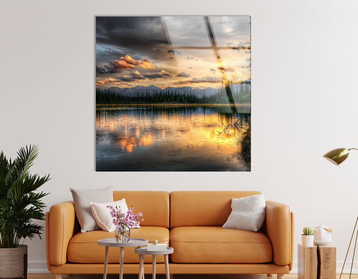 Sunset Lake Wall Art – Serene Forest Landscape Glass Print