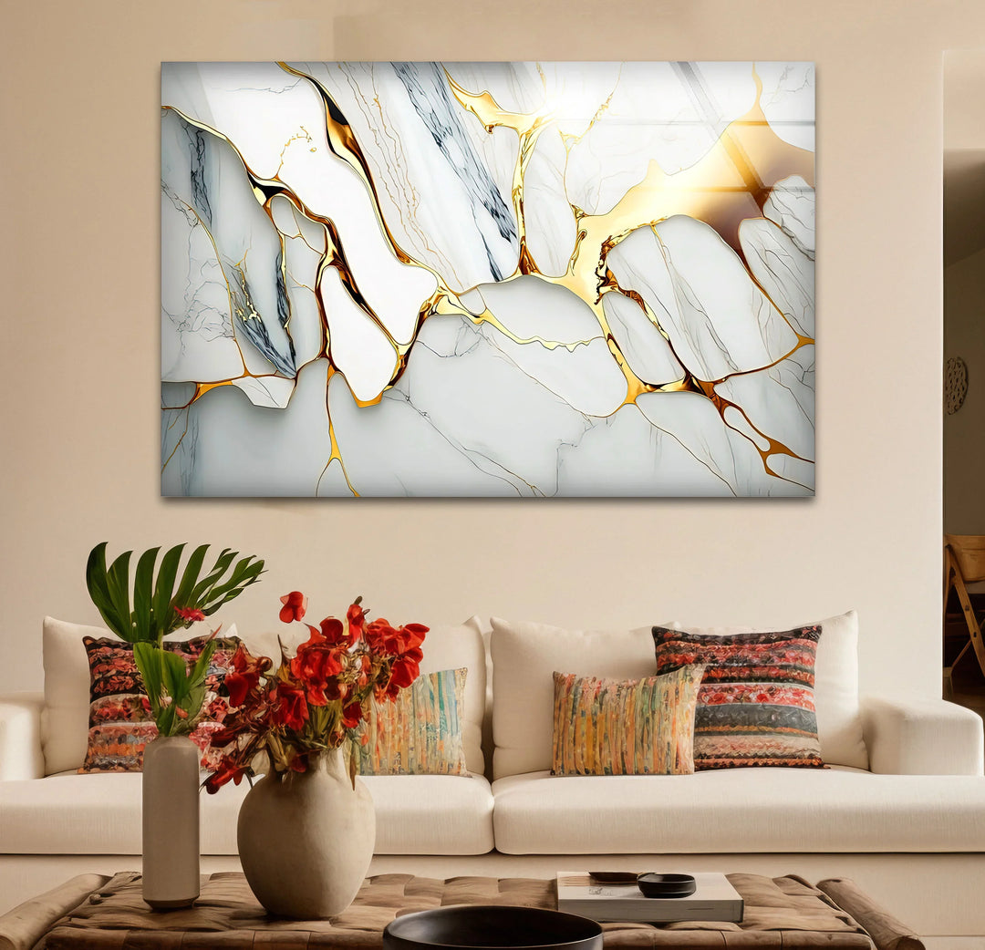 Gold Vein Marble Wall Art – Elegant White Glass Print with Metallic Cracks for Modern Luxe Interior Decor - MyPhotoStation