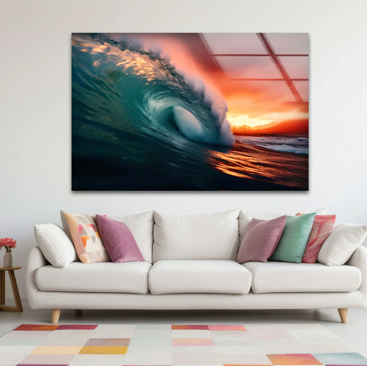 Sunset Barrel Wave Wall Art – Ocean Wave Glass Print for Coastal Home Decor - MyPhotoStation