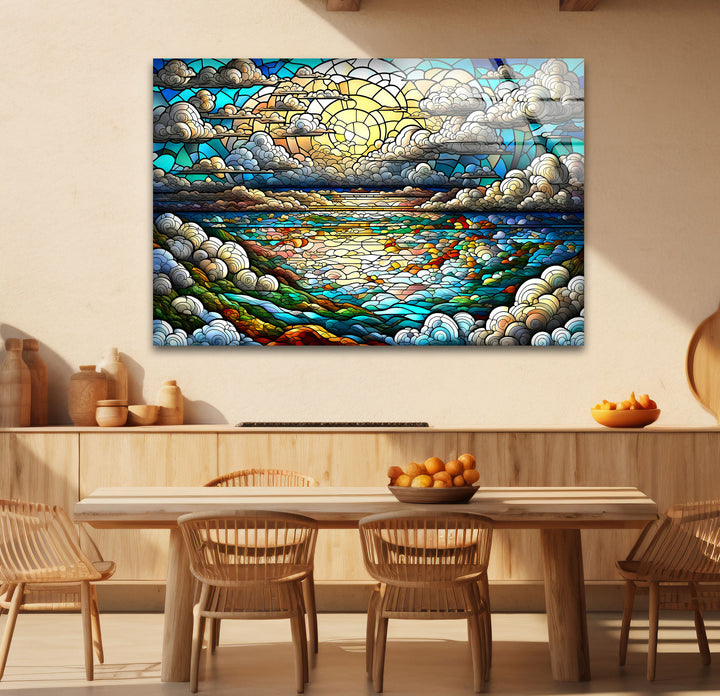 Serene Ocean Sunset Stained Glass Wall Art – Coastal Landscape Window Design