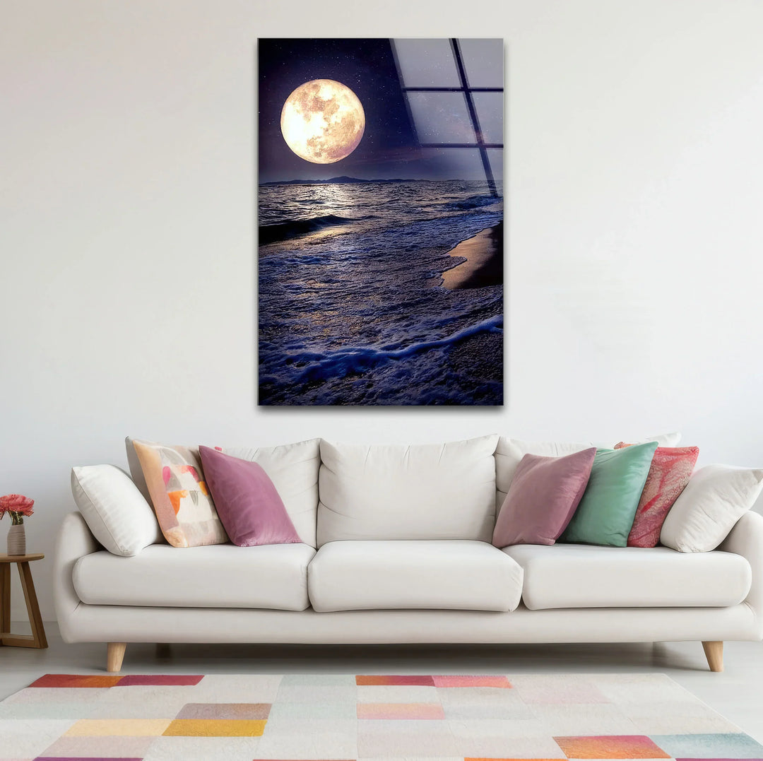 Moonlit Ocean Wall Art – Full Moon Over Waves Glass Print, Night Seascape Decor for Bedroom & Living Room - MyPhotoStation